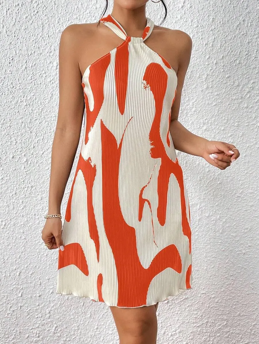 Women's Summer Dress Printed Halter Neck Mini Casual Pleated Sundress Party Date Outfit