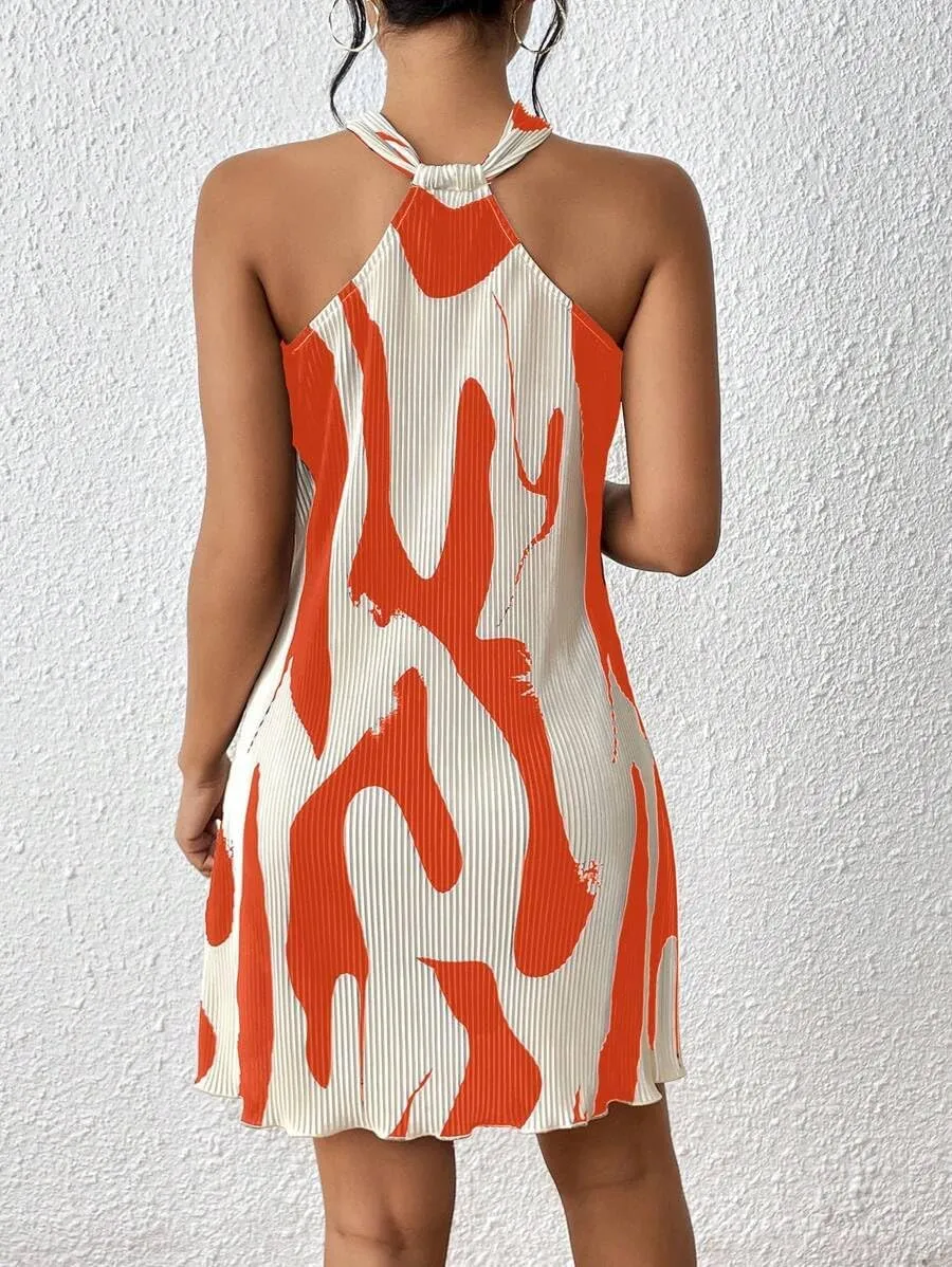 Women's Summer Dress Printed Halter Neck Mini Casual Pleated Sundress Party Date Outfit