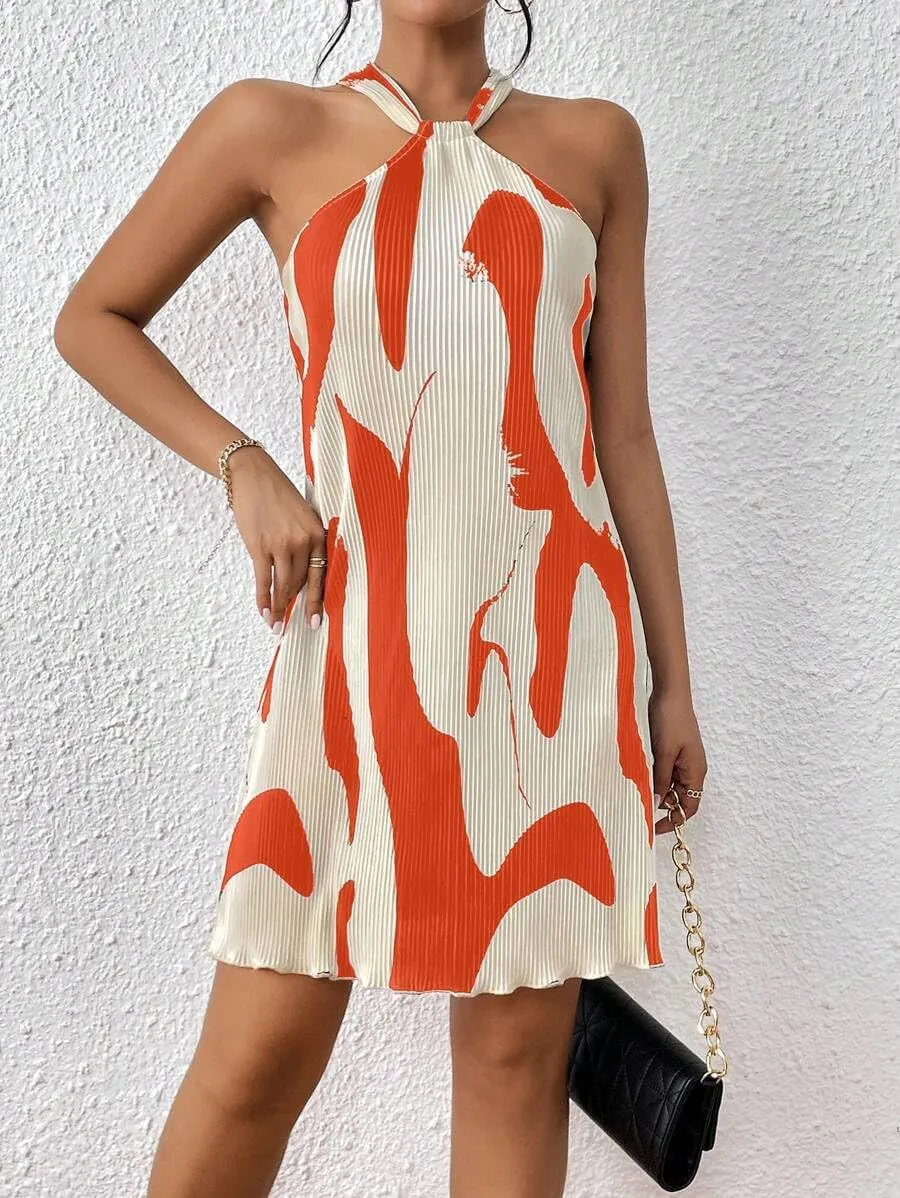 Women's Summer Dress Printed Halter Neck Mini Casual Pleated Sundress Party Date Outfit