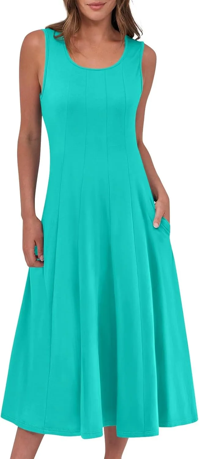 Womens Summer Dresses 2025 Sleeveless Maxi Dress Crewneck Casual Flowy Beach Sundresses with Pockets Vacation Travel