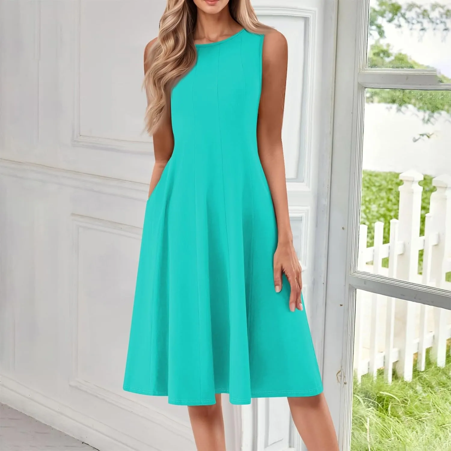 Womens Summer Dresses 2025 Sleeveless Maxi Dress Crewneck Casual Flowy Beach Sundresses with Pockets Vacation Travel