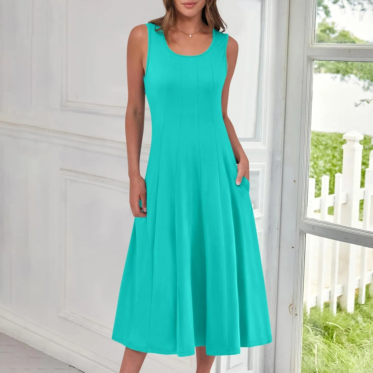Womens Summer Dresses 2025 Sleeveless Maxi Dress Crewneck Casual Flowy Beach Sundresses with Pockets Vacation Travel