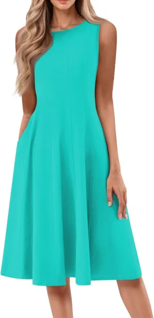 Womens Summer Dresses 2025 Sleeveless Maxi Dress Crewneck Casual Flowy Beach Sundresses with Pockets Vacation Travel