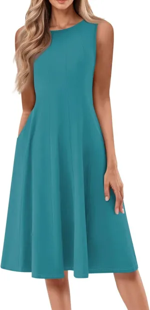 Womens Summer Dresses 2025 Sleeveless Maxi Dress Crewneck Casual Flowy Beach Sundresses with Pockets Vacation Travel