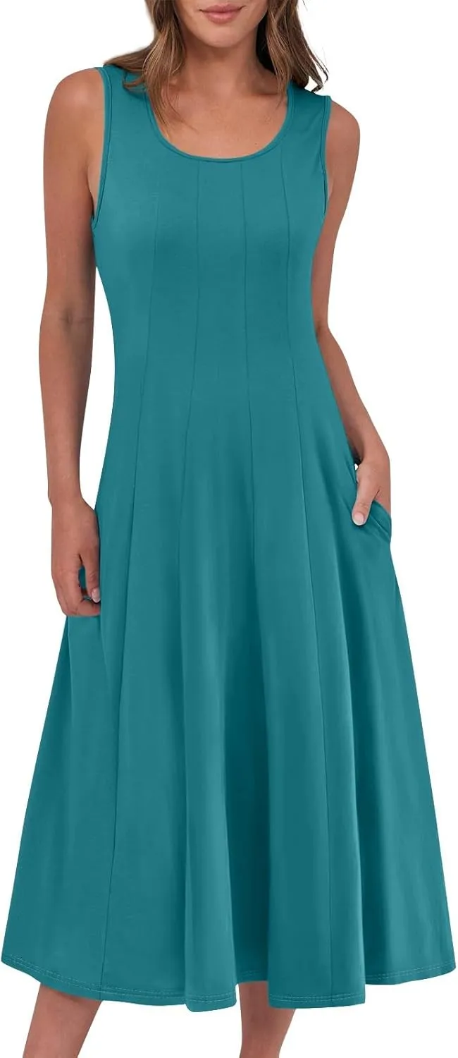 Womens Summer Dresses 2025 Sleeveless Maxi Dress Crewneck Casual Flowy Beach Sundresses with Pockets Vacation Travel
