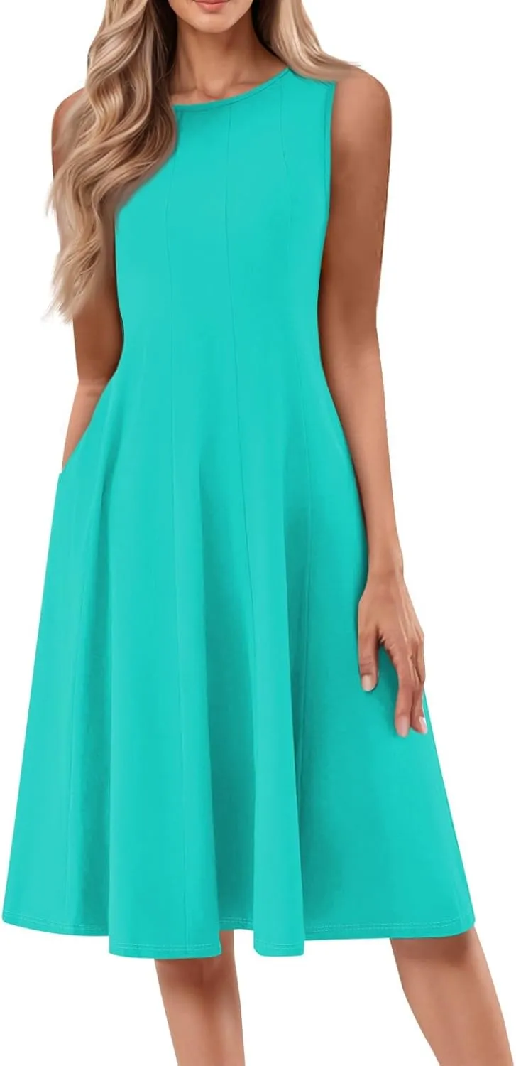 Womens Summer Dresses 2025 Sleeveless Maxi Dress Crewneck Casual Flowy Beach Sundresses with Pockets Vacation Travel