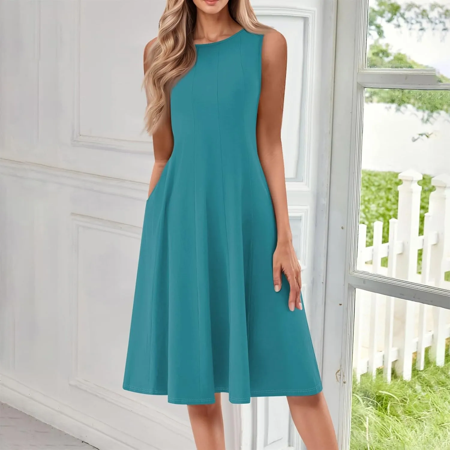 Womens Summer Dresses 2025 Sleeveless Maxi Dress Crewneck Casual Flowy Beach Sundresses with Pockets Vacation Travel