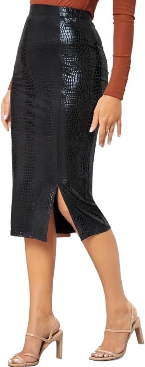 Womens Summer Flowy Skirt Dress Faux Leather Slit Pencil Midi Skirt
