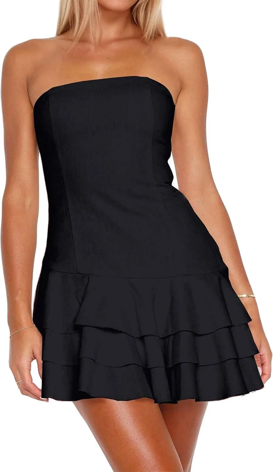 Womens Summer Sexy Strapless Tube Dress Flowy Ruffle Layer Mini Dress Off Shoulder Backless Tiered Short Dress 2025