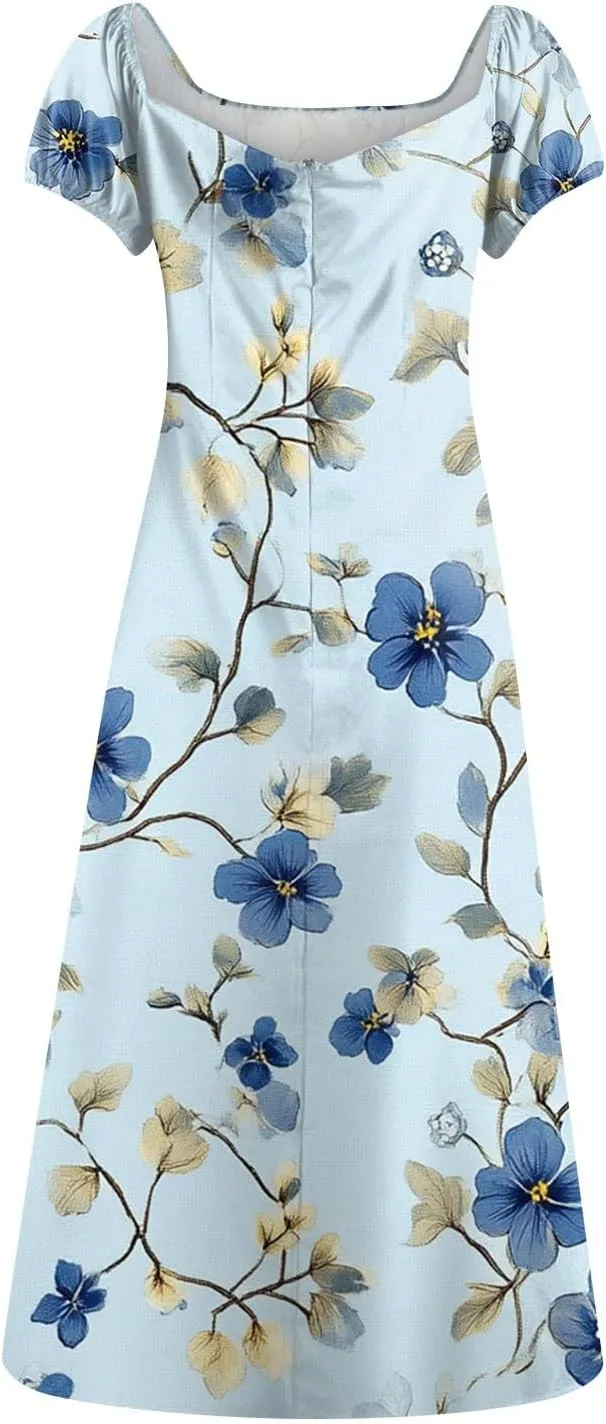 Womens Summer Square Neck Tie Front Sexy Midi Dress Floral Boho Ruffle Sleeve High Slit Flowy Vacation Tshirt Dress