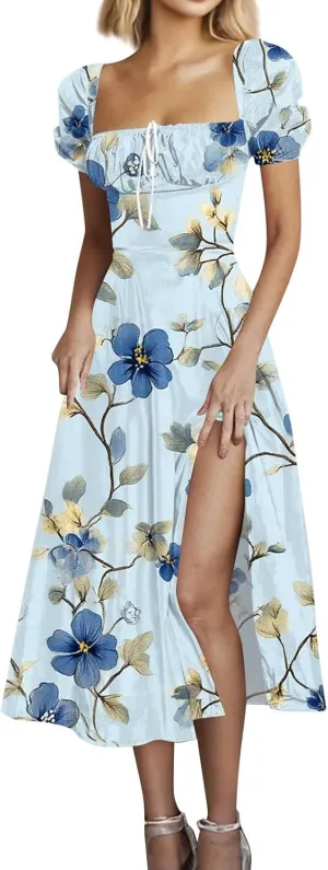 Womens Summer Square Neck Tie Front Sexy Midi Dress Floral Boho Ruffle Sleeve High Slit Flowy Vacation Tshirt Dress