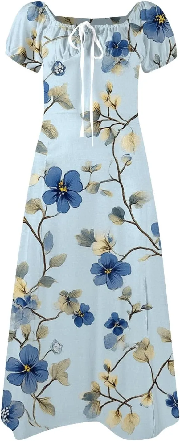 Womens Summer Square Neck Tie Front Sexy Midi Dress Floral Boho Ruffle Sleeve High Slit Flowy Vacation Tshirt Dress