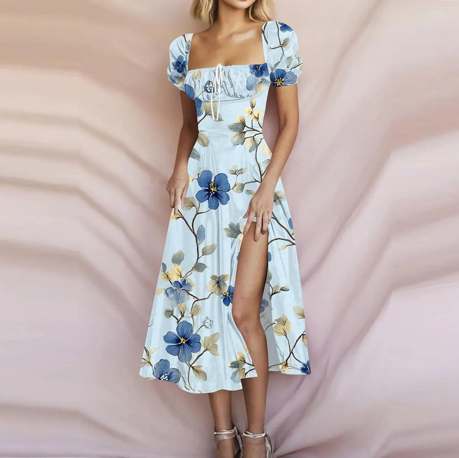 Womens Summer Square Neck Tie Front Sexy Midi Dress Floral Boho Ruffle Sleeve High Slit Flowy Vacation Tshirt Dress
