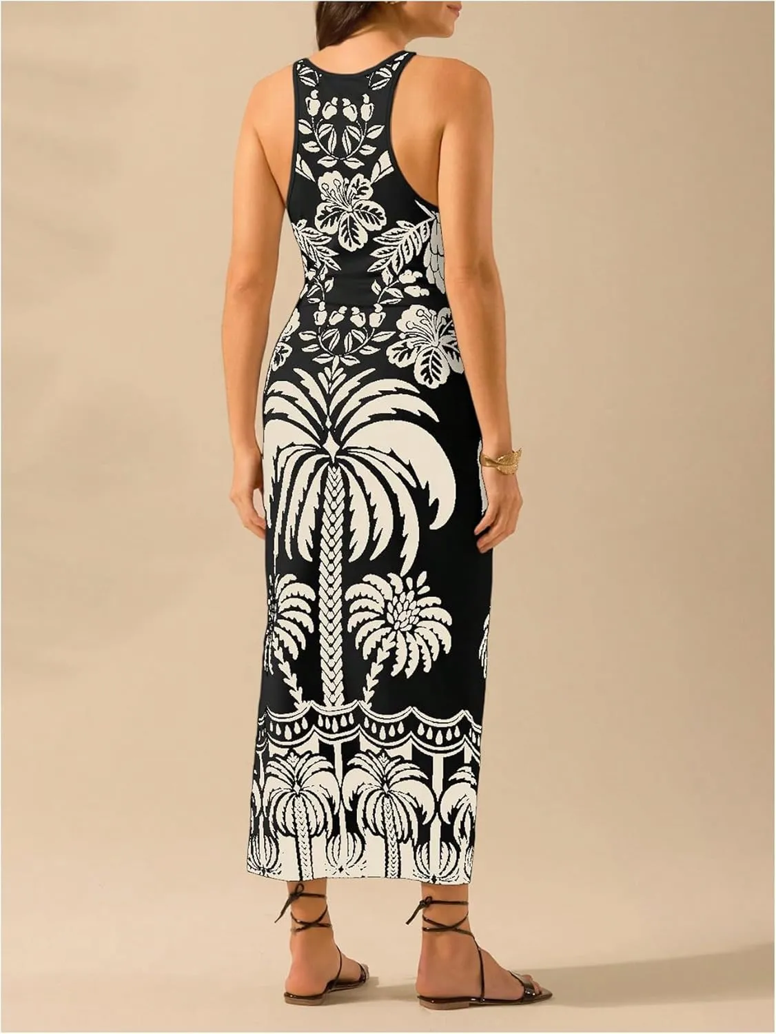 Women's Tropical Bodycon Tank Dress Elegant Summer Vacation Crewneck Split Thigh Long Maxi Dress Boho Sundress