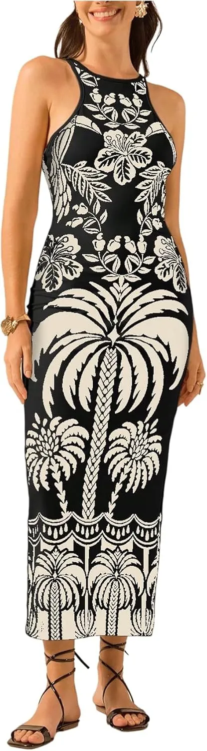 Women's Tropical Bodycon Tank Dress Elegant Summer Vacation Crewneck Split Thigh Long Maxi Dress Boho Sundress