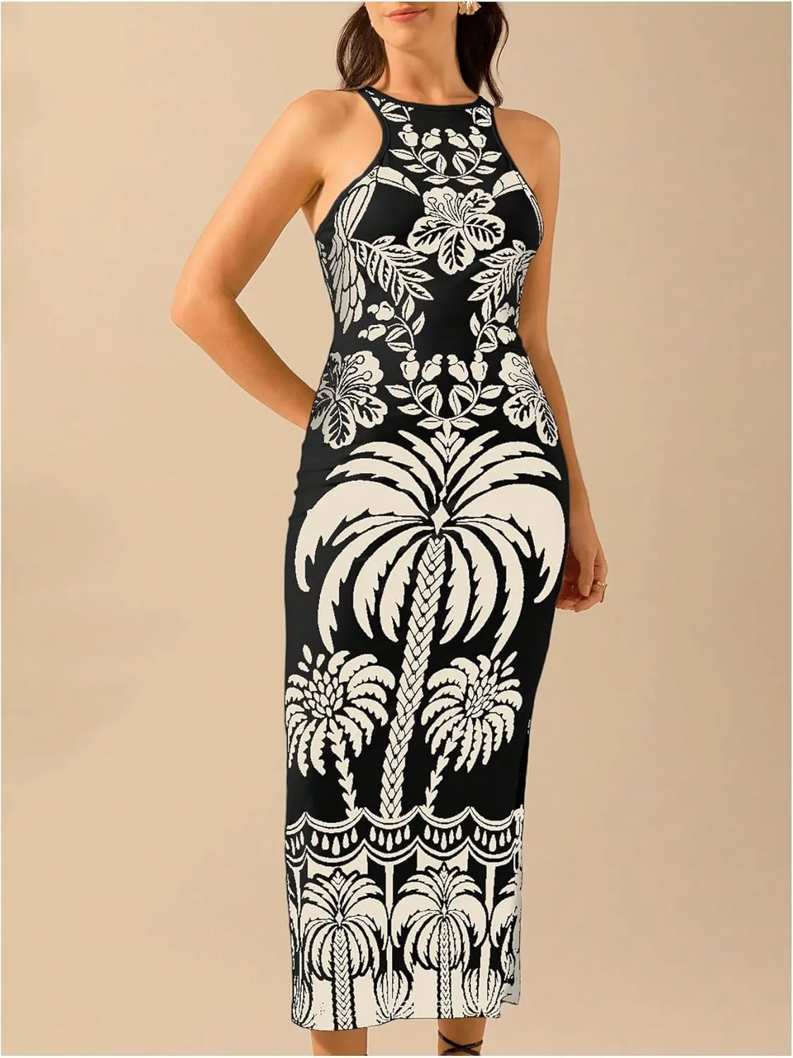 Women's Tropical Bodycon Tank Dress Elegant Summer Vacation Crewneck Split Thigh Long Maxi Dress Boho Sundress