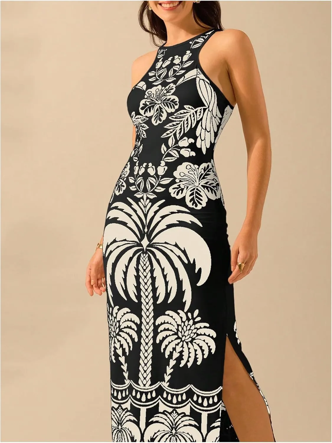Women's Tropical Bodycon Tank Dress Elegant Summer Vacation Crewneck Split Thigh Long Maxi Dress Boho Sundress
