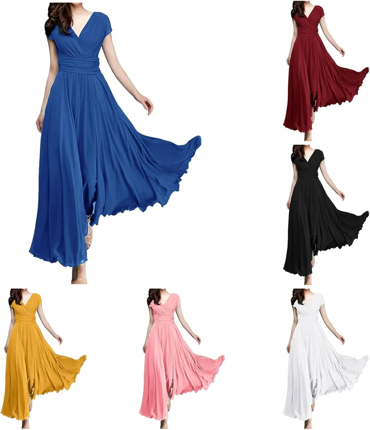 Women's V Neck Solid Color Short Sleeve Chiffon Waist Closing Evening Dress Womens Nightgowns Cotton