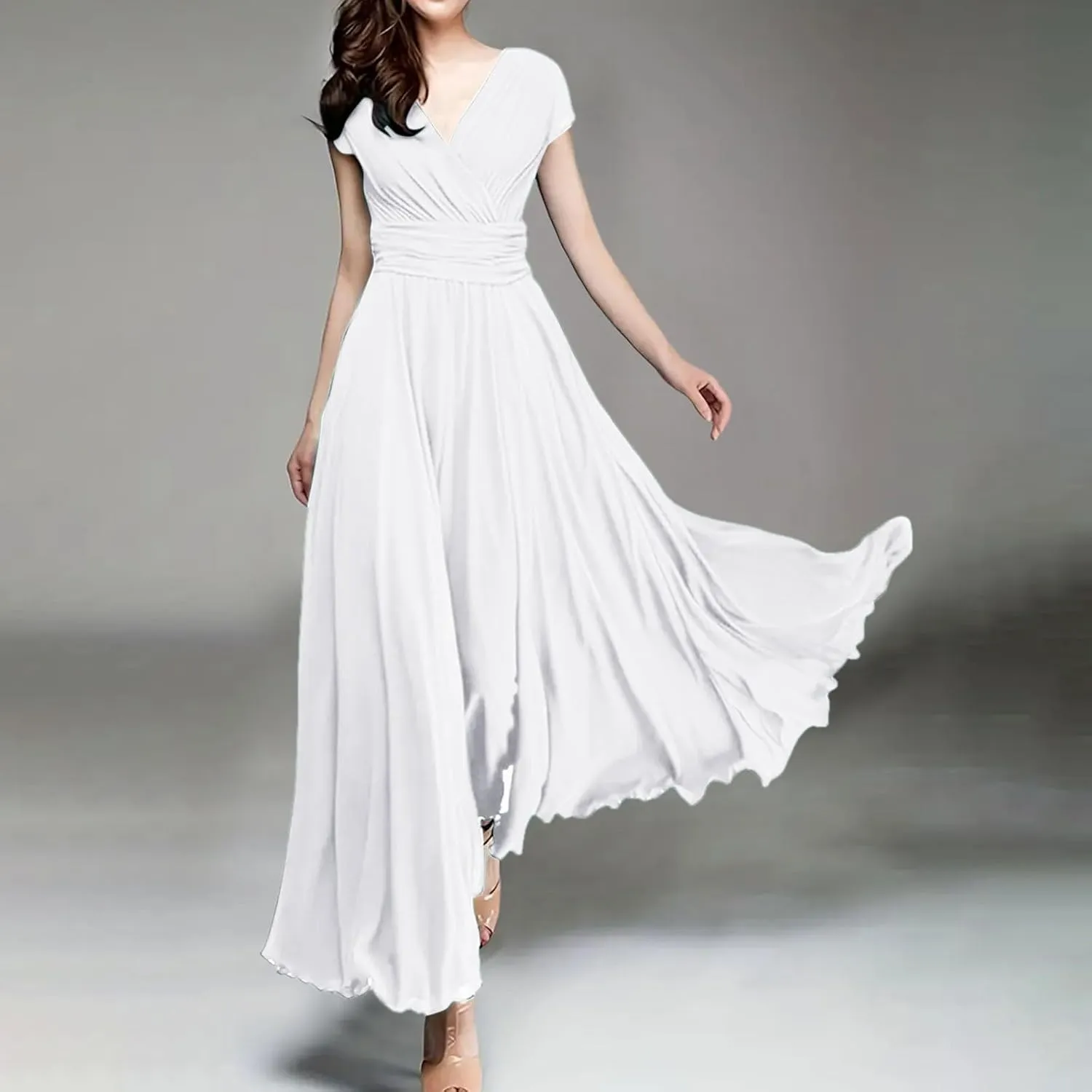Women's V Neck Solid Color Short Sleeve Chiffon Waist Closing Evening Dress Womens Nightgowns Cotton