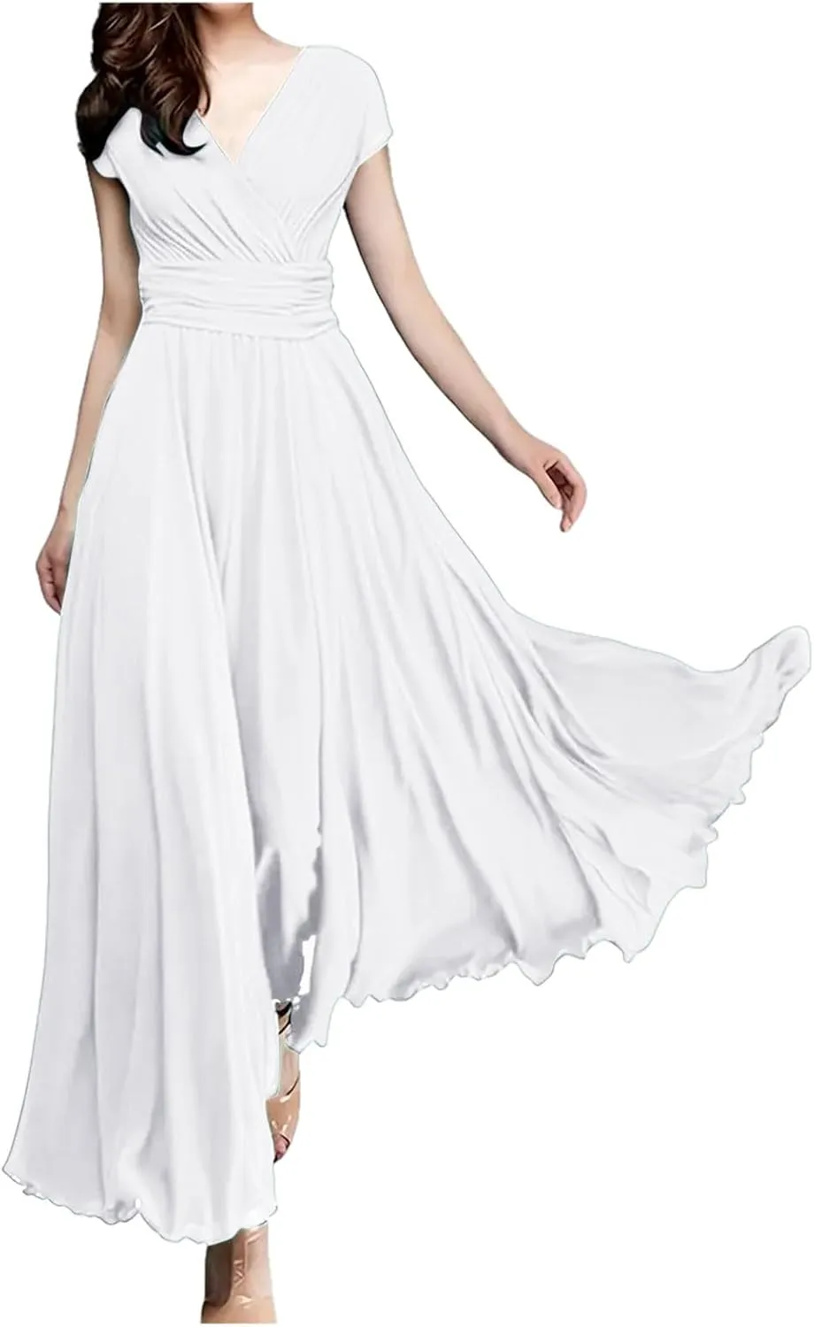 Women's V Neck Solid Color Short Sleeve Chiffon Waist Closing Evening Dress Womens Nightgowns Cotton