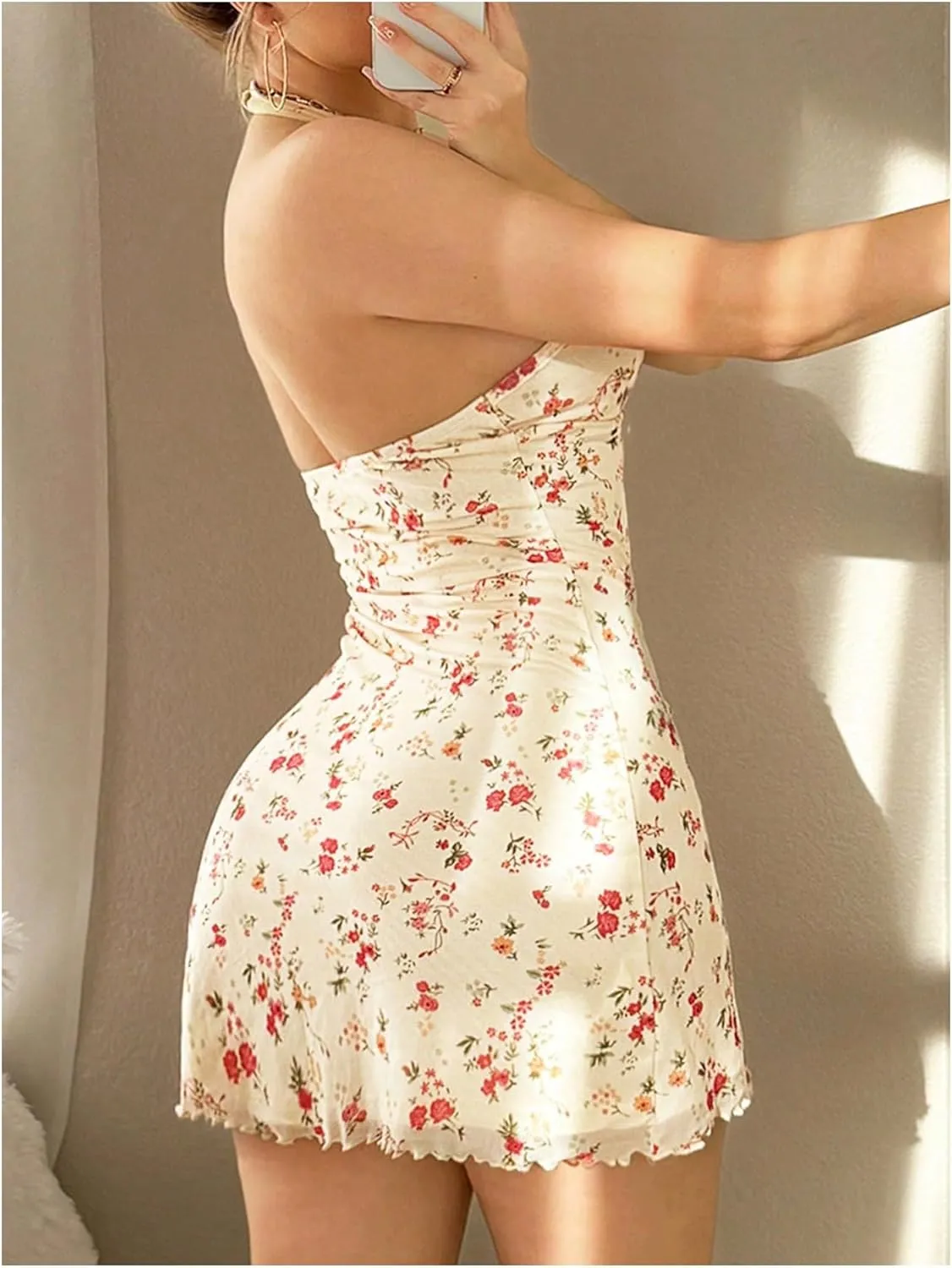 Women's Vintage Floral Halter Dress Y2k Deep V Neck Sleeveless Backless Mini Dresses Going Out Beach Short Dress