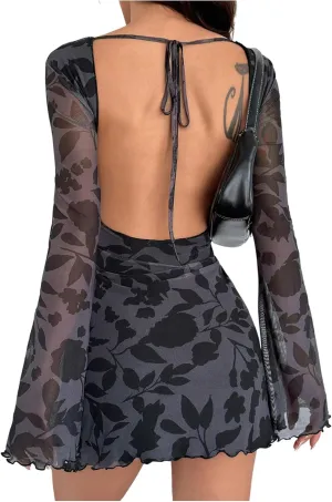 Women's Y2k Floral Mini Dress Sexy Mesh Tie Backless Long Sleeve Crewneck Bodycon Dresses