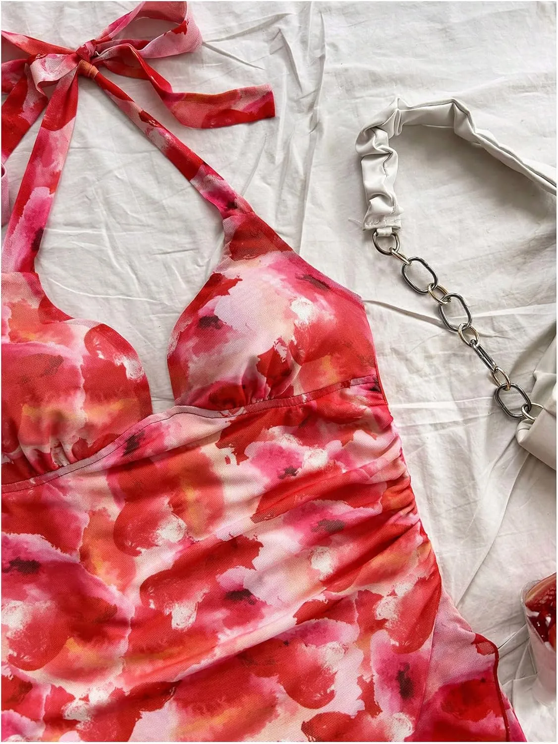 Women's Y2k Floral Print Halter Dress Tie Backless Asymmetrical Ruffle Summer Mini Dresses