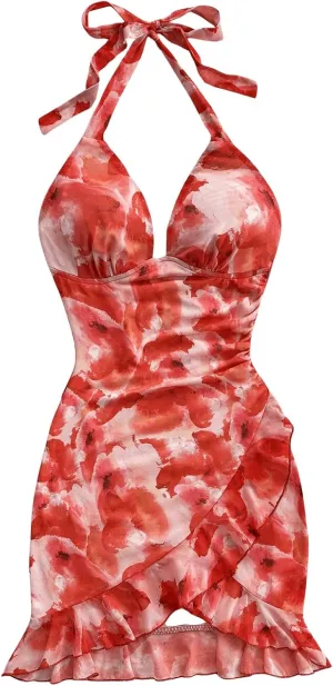 Women's Y2k Floral Print Halter Dress Tie Backless Asymmetrical Ruffle Summer Mini Dresses
