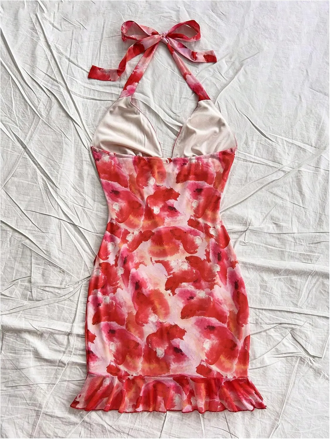 Women's Y2k Floral Print Halter Dress Tie Backless Asymmetrical Ruffle Summer Mini Dresses