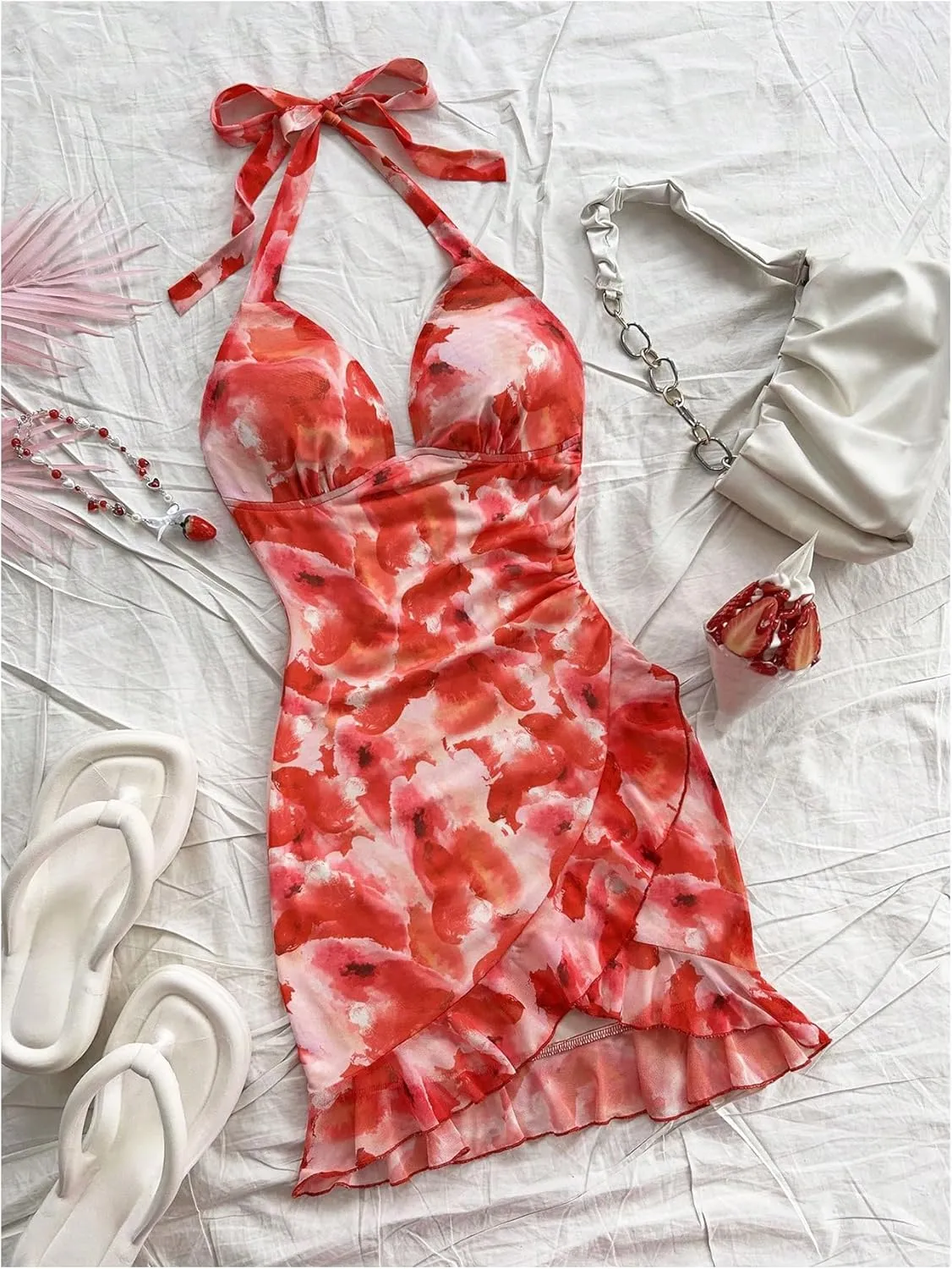 Women's Y2k Floral Print Halter Dress Tie Backless Asymmetrical Ruffle Summer Mini Dresses