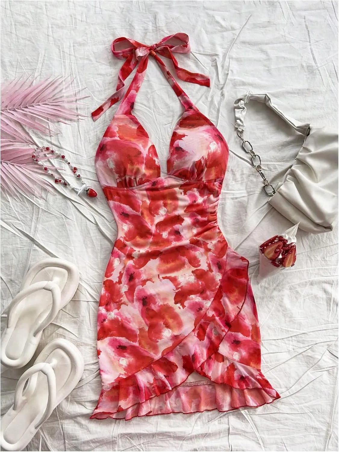Women's Y2k Floral Print Halter Dress Tie Backless Asymmetrical Ruffle Summer Mini Dresses