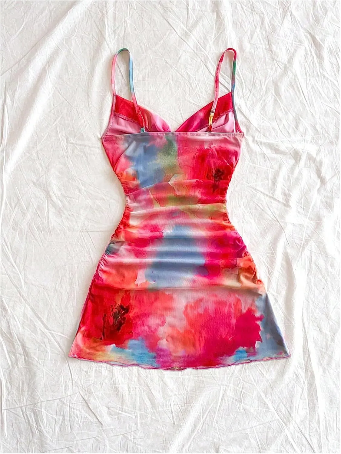 Women's Y2k Floral Tie Dye Cami Dress Vacation Summer Mesh Ruched Spaghetti Strap A Line Mini Dresses