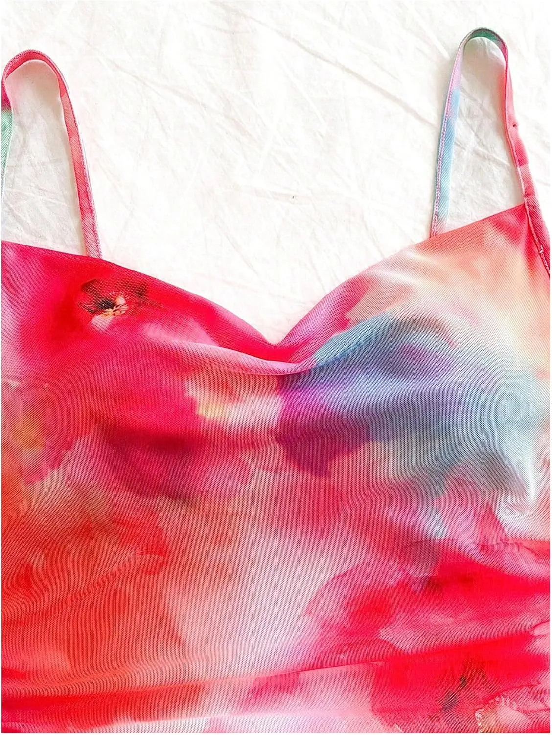 Women's Y2k Floral Tie Dye Cami Dress Vacation Summer Mesh Ruched Spaghetti Strap A Line Mini Dresses