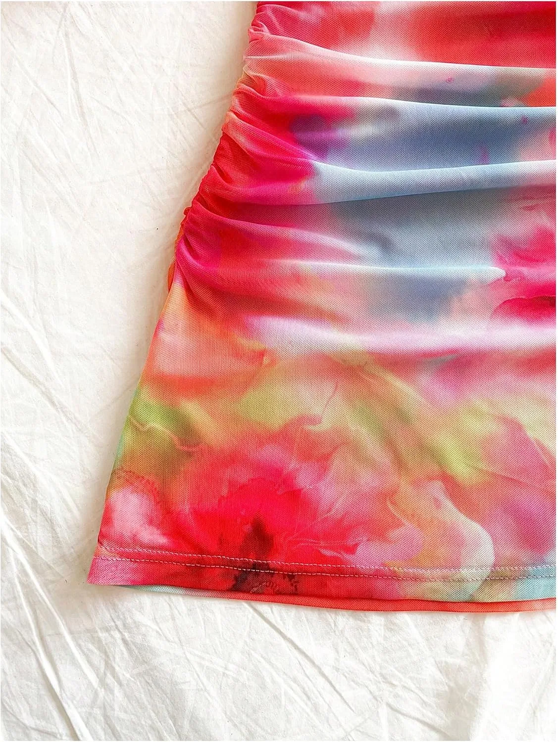 Women's Y2k Floral Tie Dye Cami Dress Vacation Summer Mesh Ruched Spaghetti Strap A Line Mini Dresses