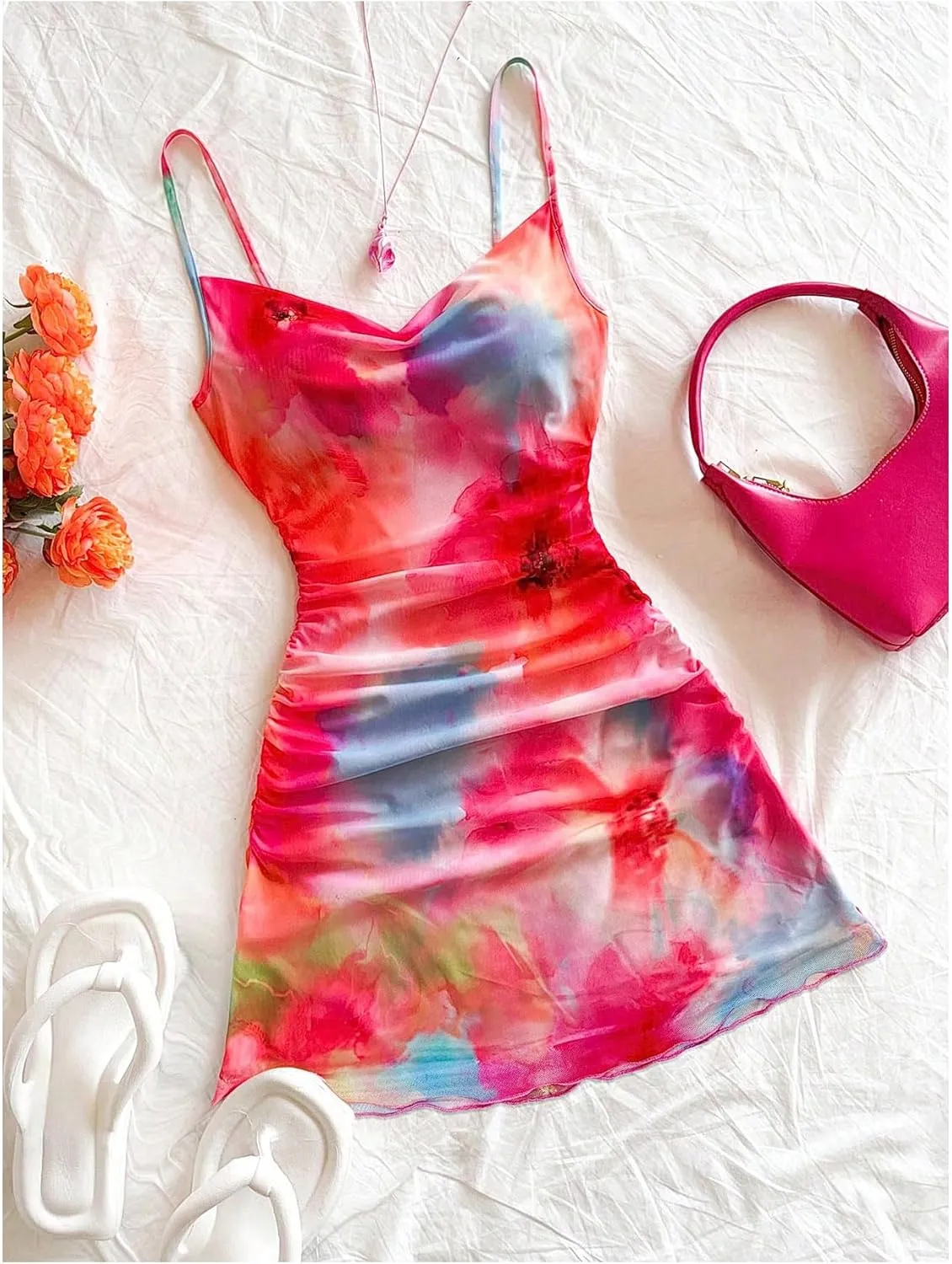 Women's Y2k Floral Tie Dye Cami Dress Vacation Summer Mesh Ruched Spaghetti Strap A Line Mini Dresses