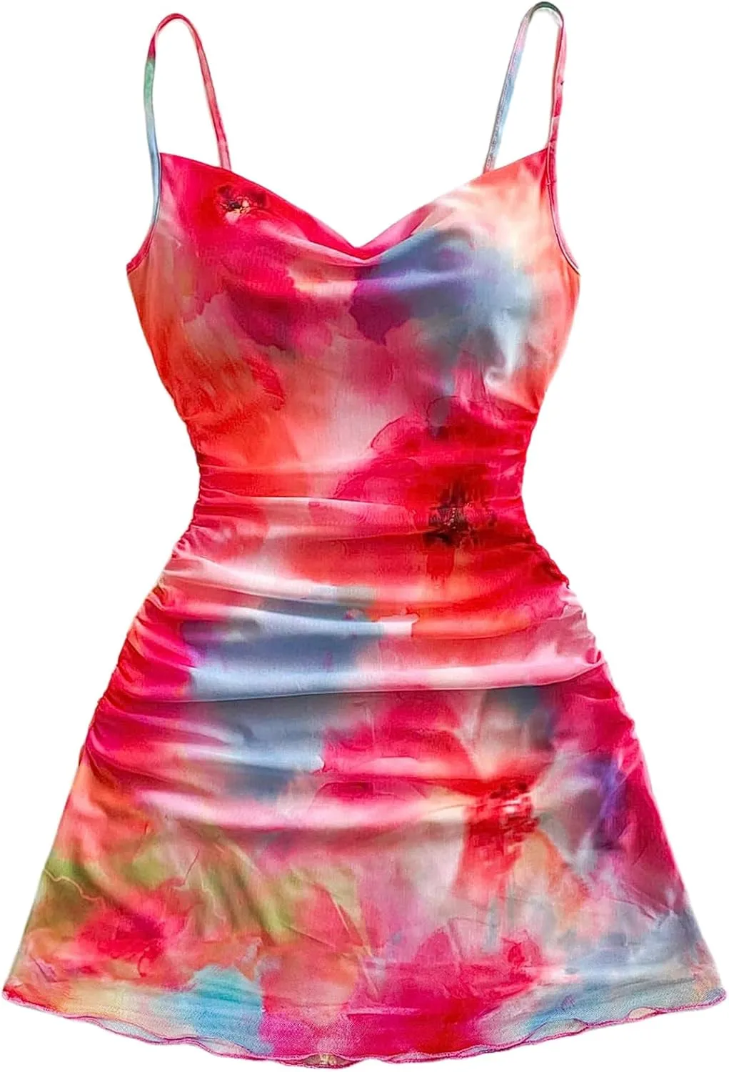 Women's Y2k Floral Tie Dye Cami Dress Vacation Summer Mesh Ruched Spaghetti Strap A Line Mini Dresses