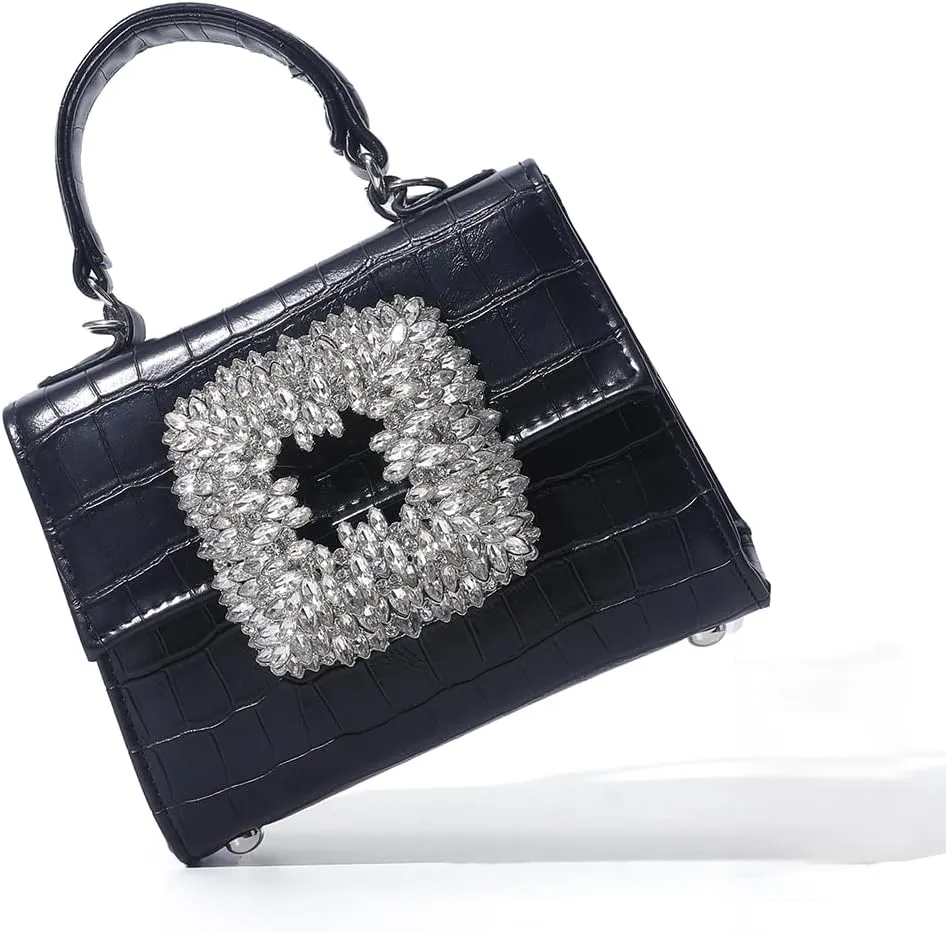 Wristlet Crocodile Handbags For Women Evening Bags PU Leather with Big Sparkling Crystal Buckle, Women Formal Purse