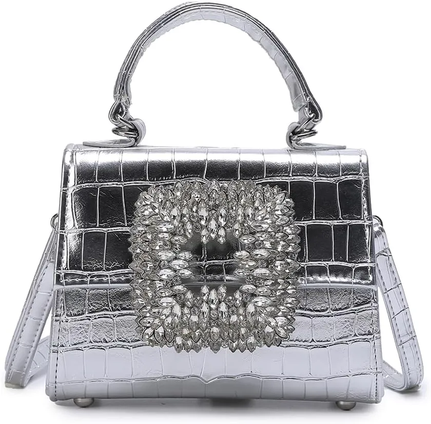 Wristlet Crocodile Handbags For Women Evening Bags PU Leather with Big Sparkling Crystal Buckle, Women Formal Purse