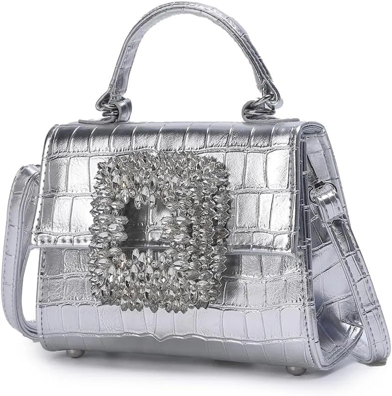 Wristlet Crocodile Handbags For Women Evening Bags PU Leather with Big Sparkling Crystal Buckle, Women Formal Purse