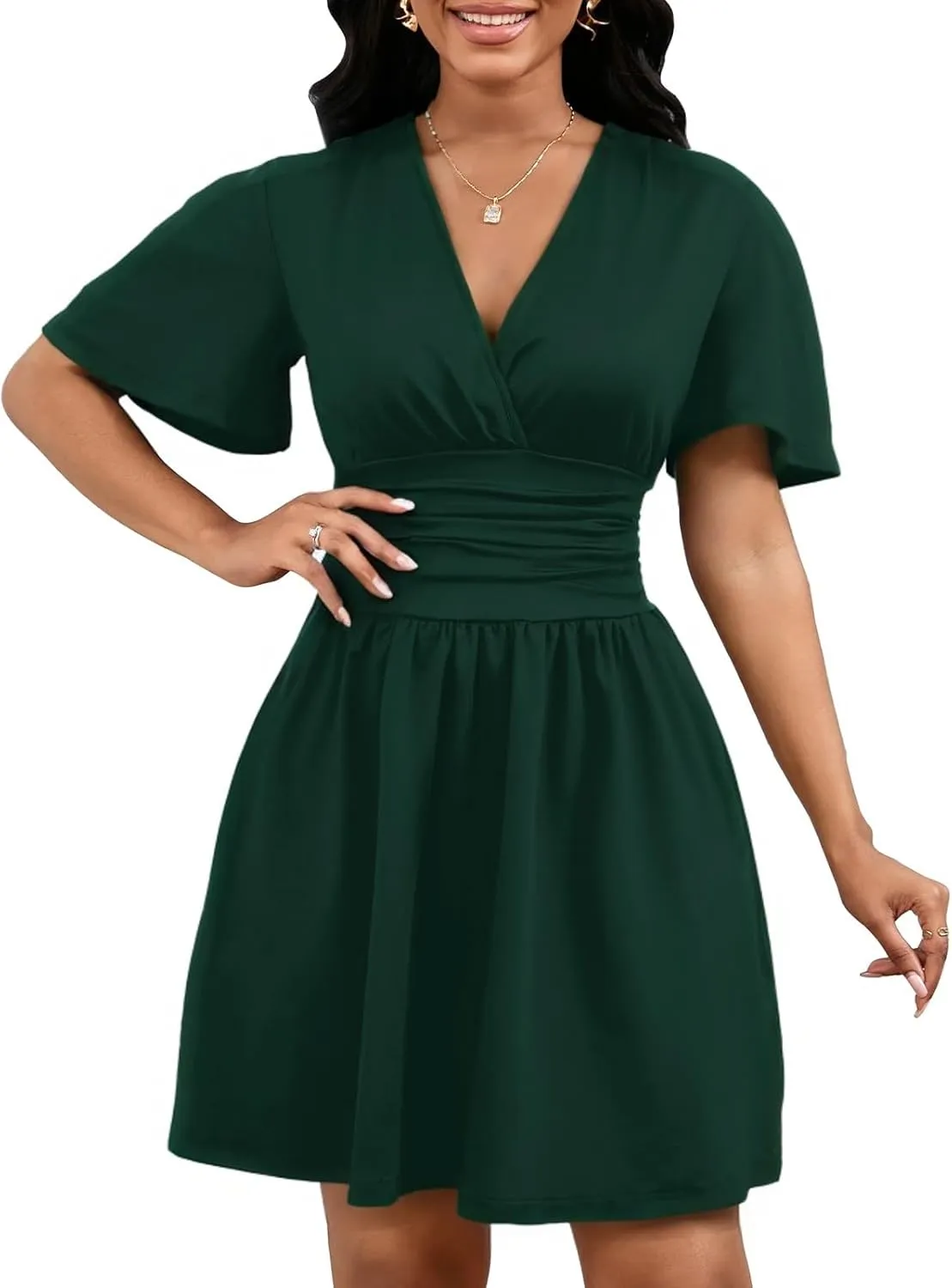 Yajedo Womens Summer Dress 2025 Sexy Deep V Neck Short Sleeve Tie Waist Flowy Swing Mini Beach Short Dress