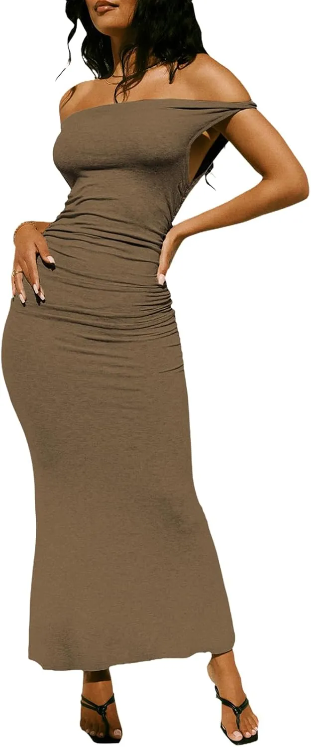 YouSexy Women's Summer Off Shoulder Long Dress Casual Sleeveless Ribbed Bodycon Maxi Dresses