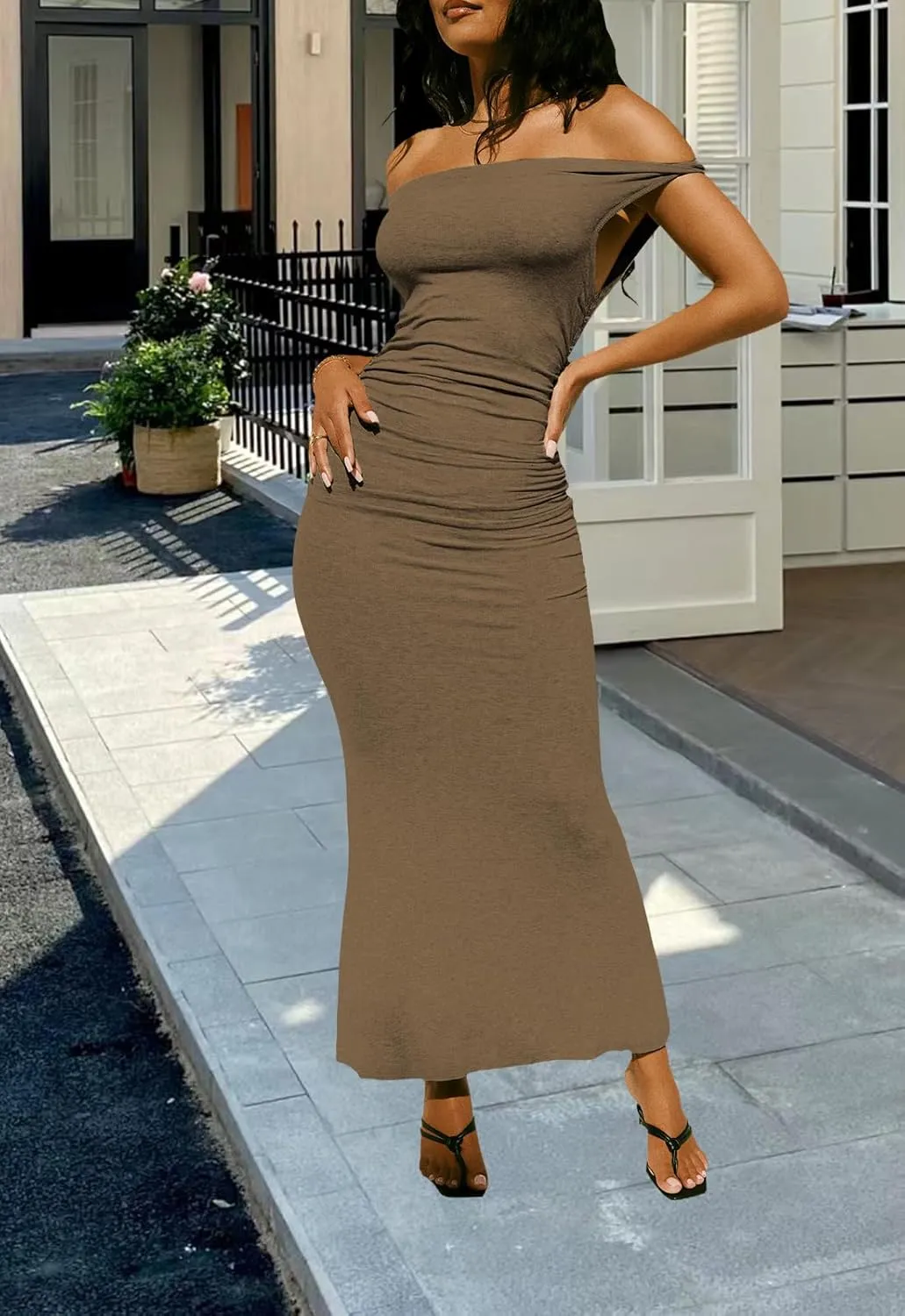 YouSexy Women's Summer Off Shoulder Long Dress Casual Sleeveless Ribbed Bodycon Maxi Dresses