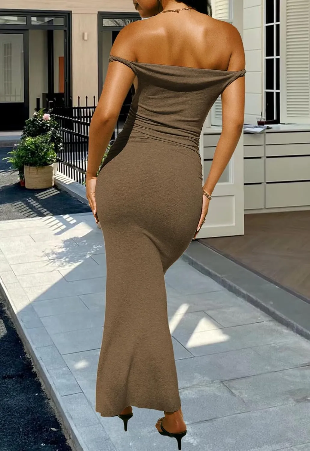 YouSexy Women's Summer Off Shoulder Long Dress Casual Sleeveless Ribbed Bodycon Maxi Dresses