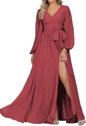 YRGERATON Long Sleeve Wedding Bridesmaid Dresses V-Neck Flowy Chiffon Formal Evening Prom Gown with Slit