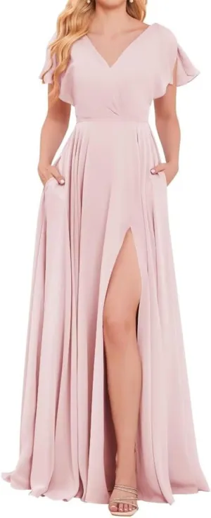 YRGERATON Short Sleeve Wedding Bridesmaid Dresses Flowy Chiffon Formal Evening Prom Gown with Slit Pockets