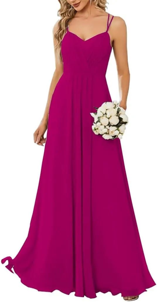 YRGERATON Spaghetti Straps Wedding Bridesmaid Dresses V-Neck Fold Chiffon Formal Evening Prom Gown Ankle Length