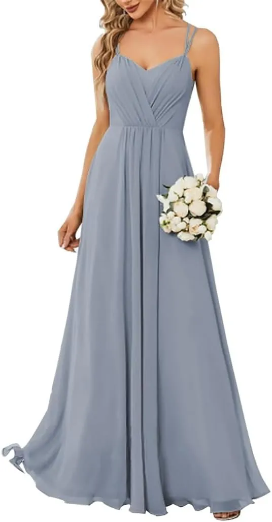 YRGERATON Spaghetti Straps Wedding Bridesmaid Dresses V-Neck Fold Chiffon Formal Evening Prom Gown Ankle Length