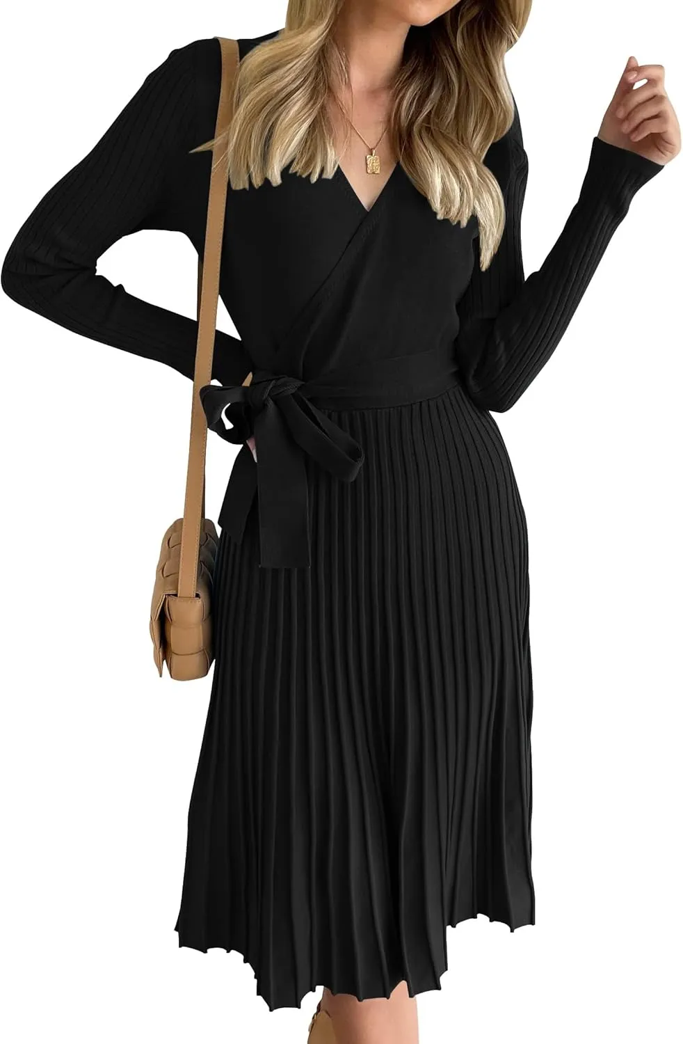 ZESICA Women's Fall Long Sleeve Wrap V Neck Ribbed Knit Pleated A Line Pullover Sweater Dress with Belt
