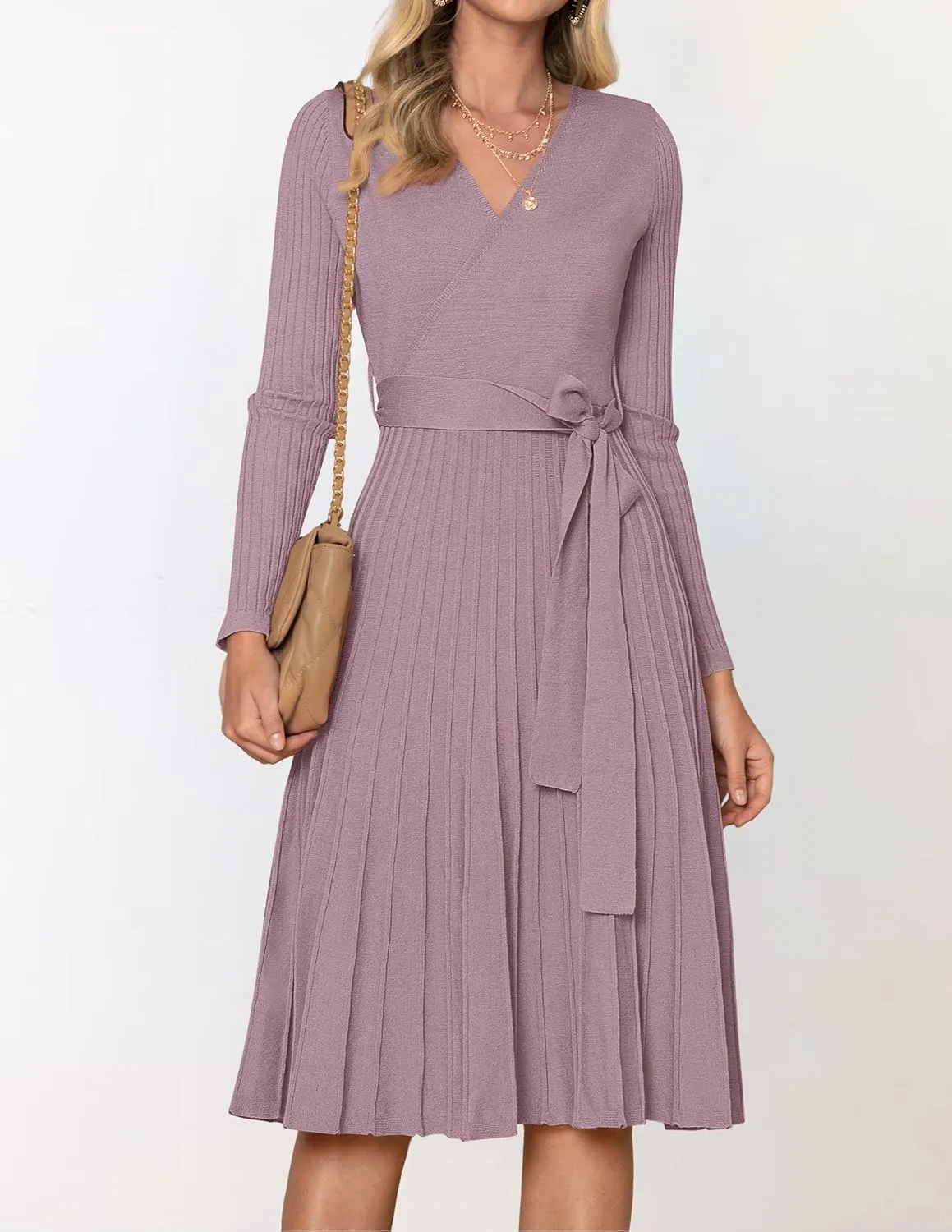 ZESICA Women's Fall Long Sleeve Wrap V Neck Ribbed Knit Pleated A Line Pullover Sweater Dress with Belt