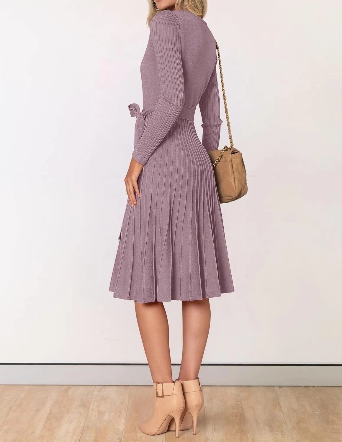 ZESICA Women's Fall Long Sleeve Wrap V Neck Ribbed Knit Pleated A Line Pullover Sweater Dress with Belt